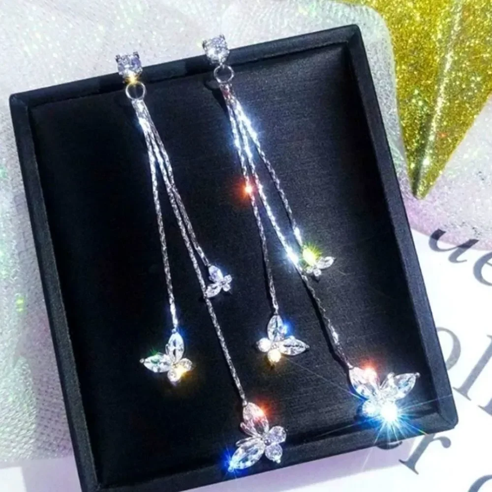 Butterfly White Zircon Dangle  Earrings on 925 Sterling Silver - Picture 6 of 6